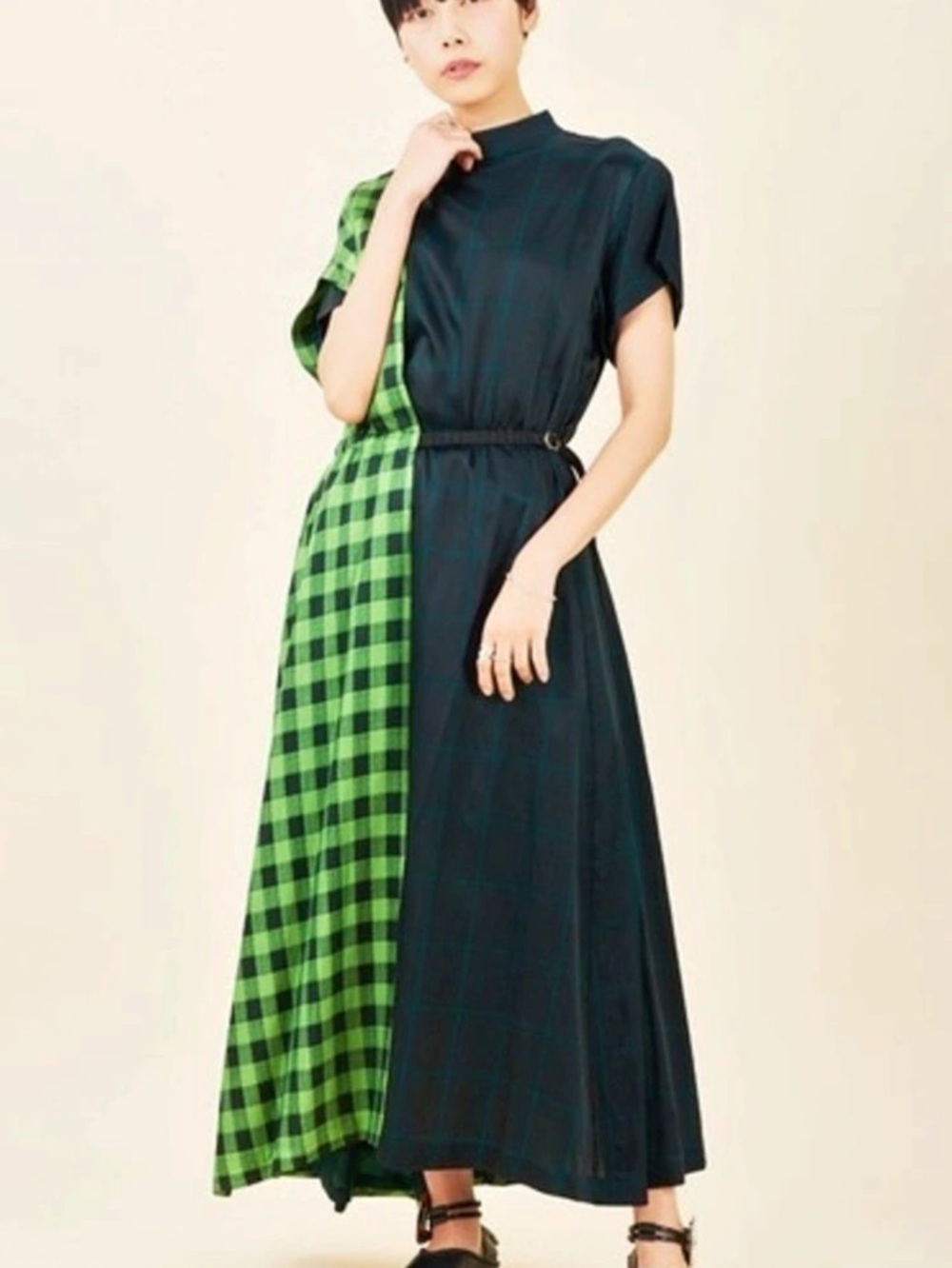 Plaid Color Block Maxi Dress in Green & Black Like New